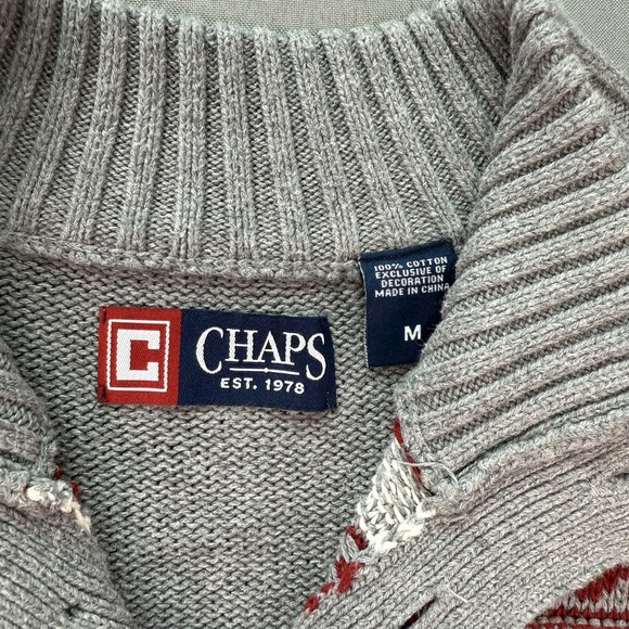 Chaps‎ Sweater Men's Medium Gray Red Henley Heavy Knit Holiday Fair Isle Nordic - Picture 5 of 11